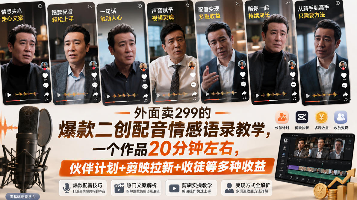 外面卖299的爆款二创配音情感语录教学，一个作品20分钟左右，伙伴计划+剪映拉新+收徒等多种收益-项目创薪