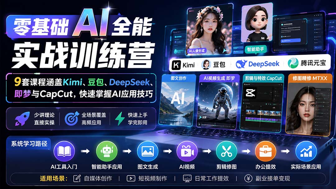 零基础AI全能实战训练营：9套课程涵盖Kimi、豆包、DeepSeek、即梦与CapCut，快速掌握AI应用技巧-项目创薪
