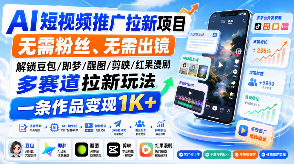 AI短视频推广拉新项目,无需粉丝、无需出镜,解锁豆包/即梦/醒图/剪映/红果漫剧多赛道拉新玩法,一条作品变现1K+-项目创薪