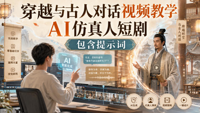 穿越与古人对话视频教学，AI仿真人短剧，包含提示词-项目创薪