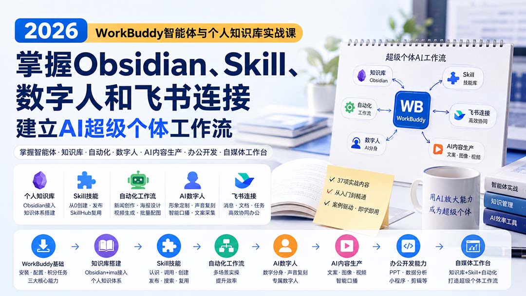2026 WorkBuddy智能体与个人知识库实战课：掌握Obsidian、Skill、数字人和飞书连接，建立AI超级个体工作流-项目创薪
