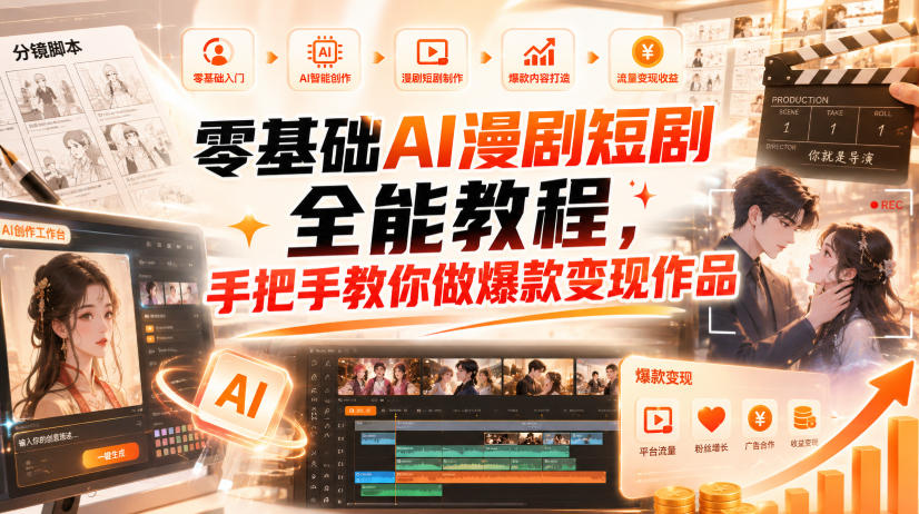零基础AI漫剧短剧全能教程，从AI智能体搭建、文案脚本分镜、多平台AI生视频、剪映精修，覆盖全题材创作，手把手教你做爆款变现作品-项目创薪