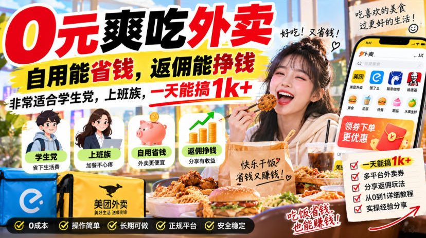 0元爽吃外卖，自用能省钱，返佣能挣钱，非常适合学生党，上班族，一天能搞1k+-项目创薪
