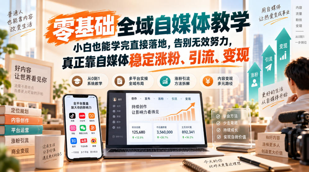 零基础全域自媒体教学，小白也能学完直接落地，告别无效努力，真正靠自媒体稳定涨粉、引流、变现-项目创薪