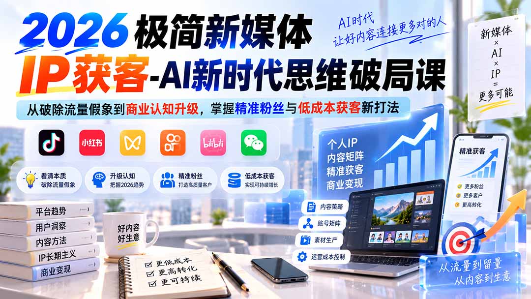 2026极简新媒体IP获客-AI新时代思维破局课：从破除流量假象到商业认知升级，掌握精准粉丝与低成本获客新打法-项目创薪