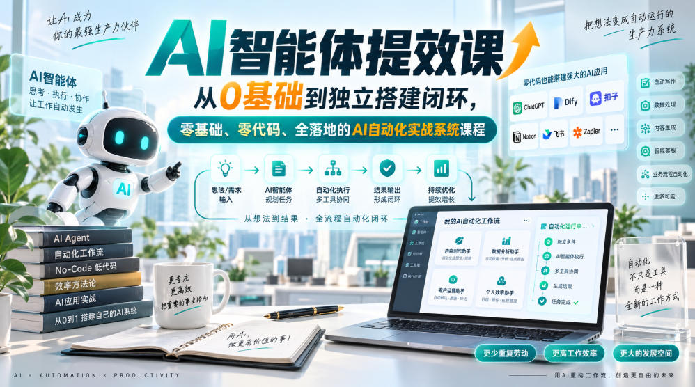 AI智能体提效课，从0基础到独立搭建闭环，零基础、零代码、全落地的AI自动化实战系统课程-项目创薪