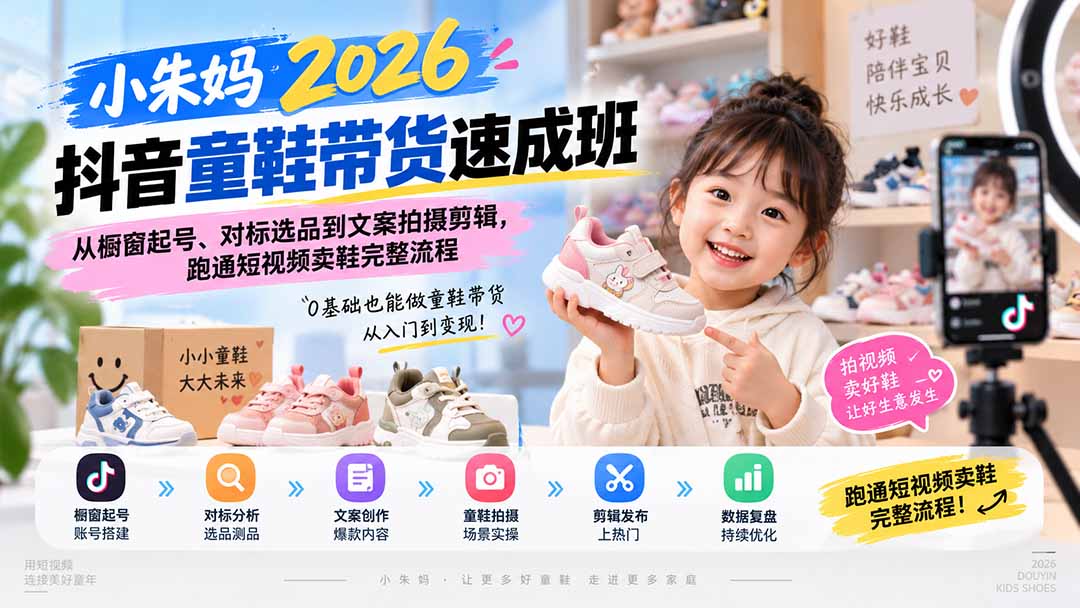 小朱妈2026抖音童鞋带货速成班：从橱窗起号、对标选品到文案拍摄剪辑，跑通短视频卖鞋完整流程-项目创薪