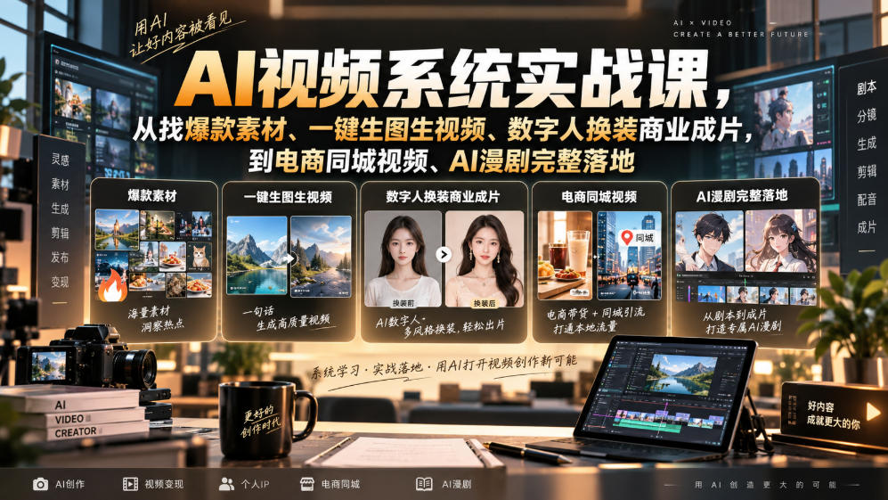AI视频系统实战课，从找爆款素材、一键生图生视频、数字人换装商业成片，到电商同城视频、AI漫剧完整落地-项目创薪