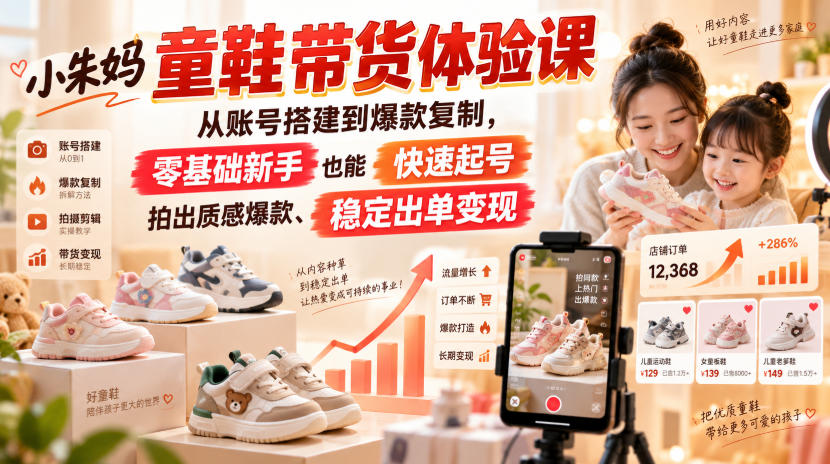 小朱妈童鞋带货体验课，从账号搭建到爆款复制，零基础新手也能快速起号、拍出质感爆款、稳定出单变现-项目创薪