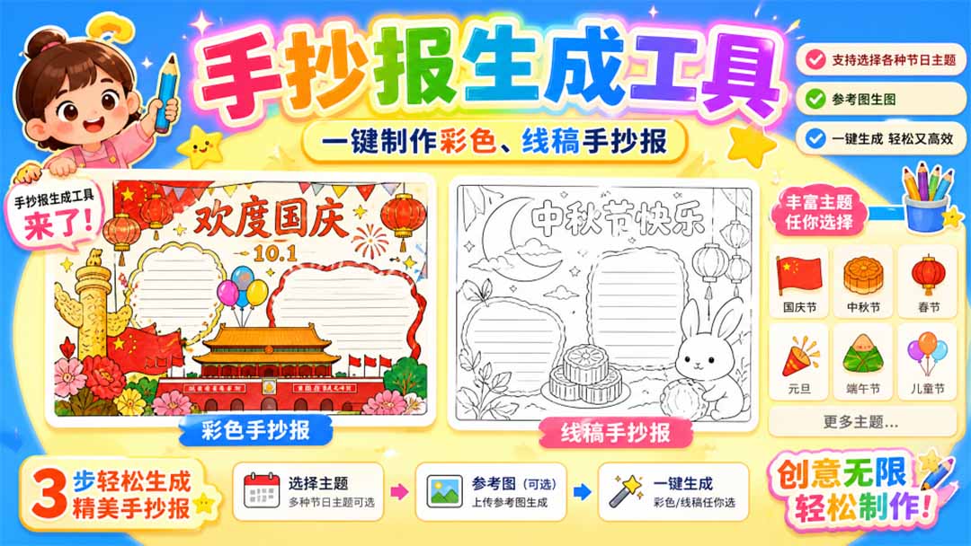 手抄报批量生成工具来了，完全免费，告别豆包生图，这个高清无水印-项目创薪