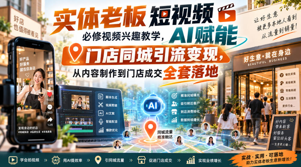 实体老板短视频必修视频兴趣教学，AI赋能门店同城引流变现，AI+短视频+直播打爆实体客流量-项目创薪