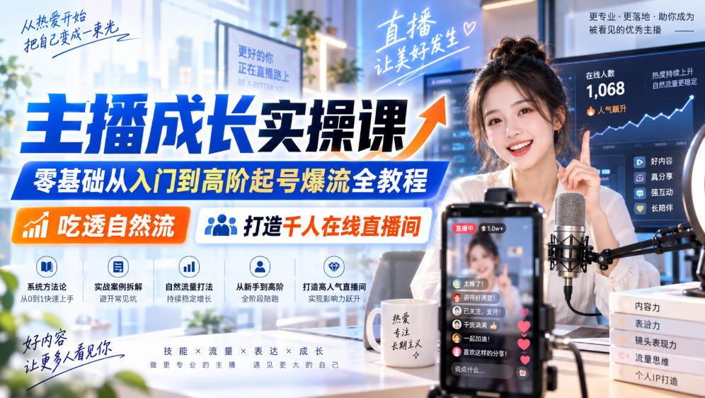 主播成长实操课｜零基础从入门到高阶起号爆流全教程，吃透自然流，打造千人在线直播间-项目创薪