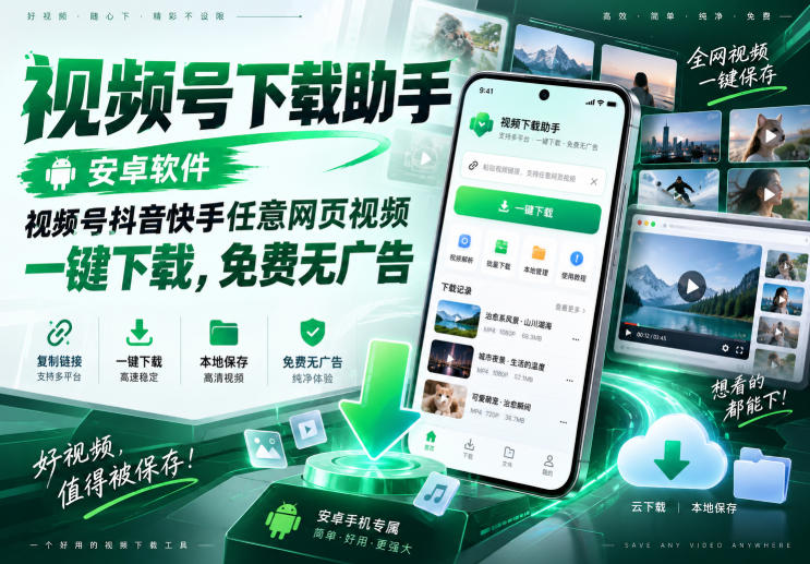 视频号下载助手，安卓软件，视频号抖音快手任意网页视频，一键下载，免费无广告-项目创薪