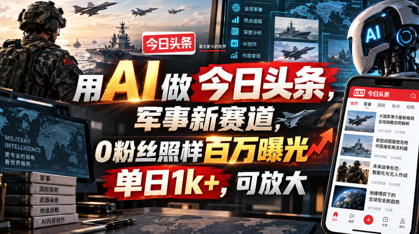 用AI做今日头条，军事新赛道，0粉丝照样百万曝光，单日1k+，可放大-项目创薪