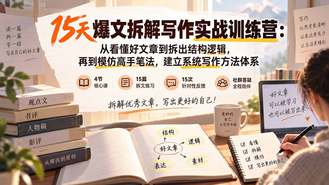 15天爆文拆解写作实战训练营：从看懂好文章到拆出结构逻辑，再到模仿高手笔法，建立系统写作方法体系-项目创薪