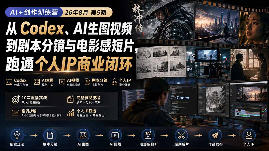 AI+创作训练营26年第5期-更新：从Codex、AI生图视频到剧本分镜与电影感短片，跑通个人IP商业闭环-项目创薪