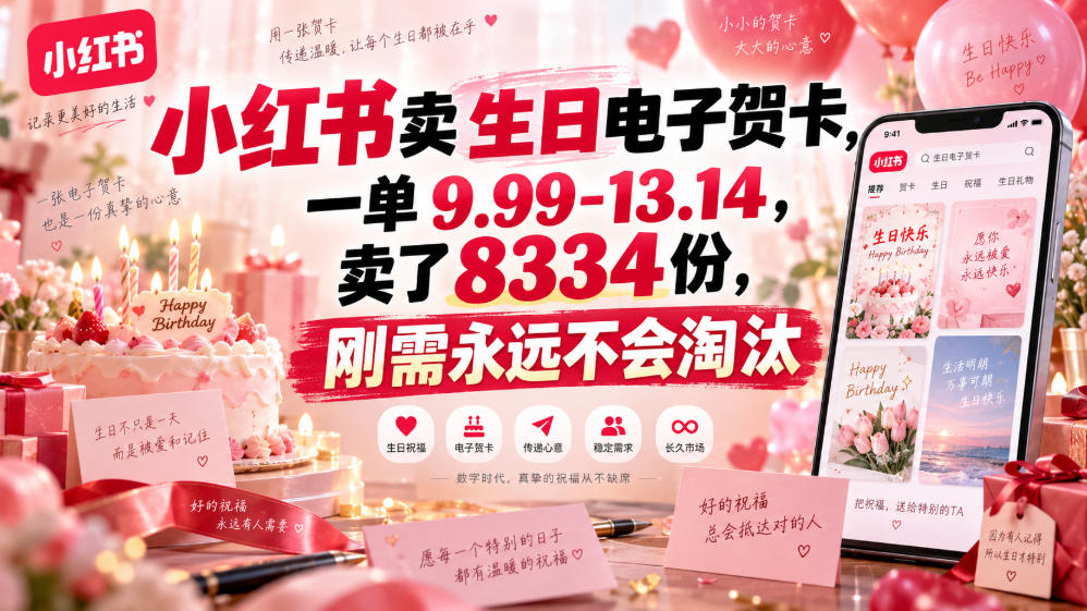 小红书卖生日电子贺卡，一单9.99-13.14，卖了8334份，刚需永远不会淘汰-项目创薪