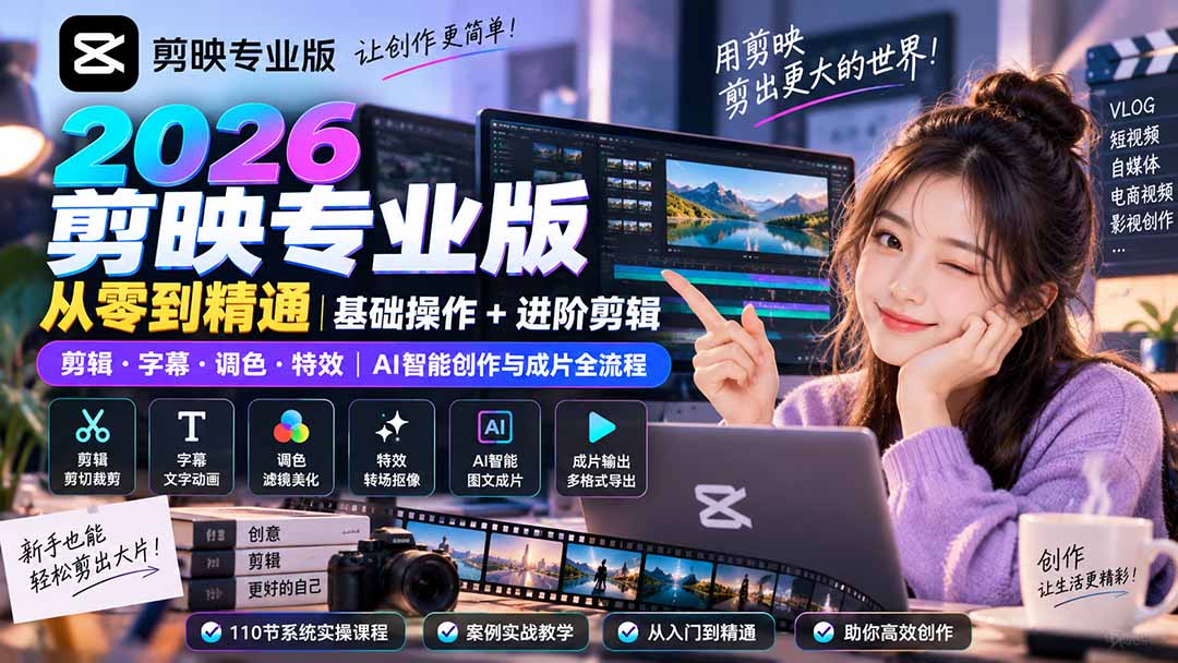 2026剪映专业版从零到精通｜基础操作+进阶剪辑｜剪辑·字幕·调色·特效｜AI智能创作与成片全流程-项目创薪