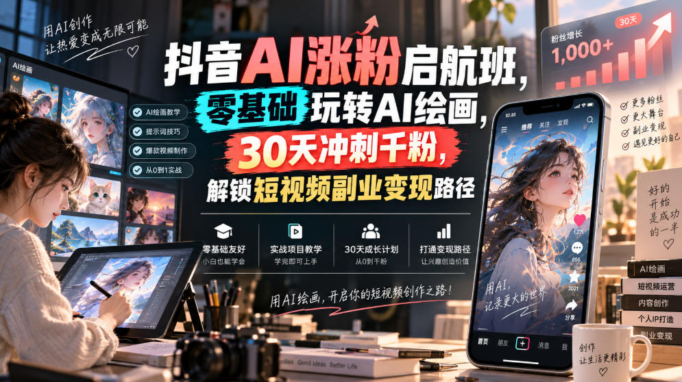 抖音AI涨粉启航班，零基础玩转AI绘画，30天冲刺千粉，解锁短视频副业变现路径-项目创薪