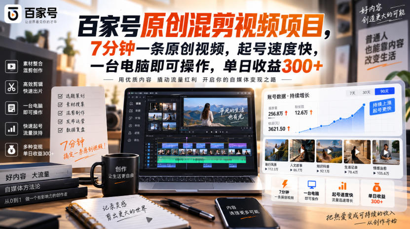 百家号原创混剪视频项目，7分钟一条原创视频，起号速度快，一台电脑即可操作，单日收益300+-项目创薪