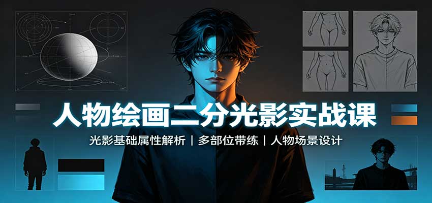 人物绘画二分光影实战课：光影基础属性解析，多部位带练，人物场景设计-项目创薪