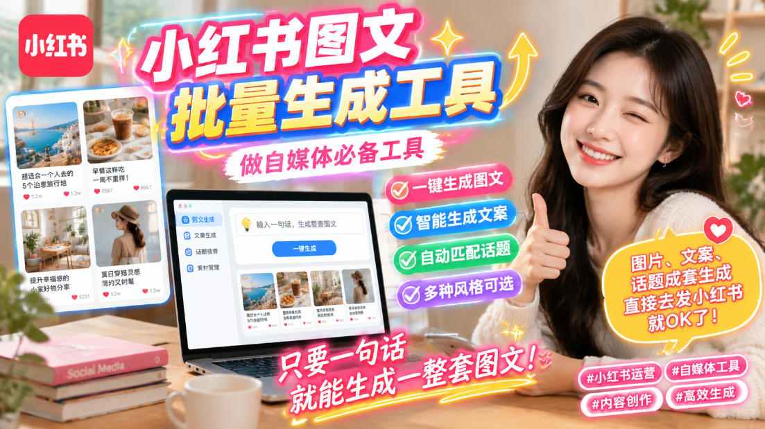 小红书图文批量生成工具，话题、文案、配图一键生成，直接发布，做自媒体必备工具-项目创薪