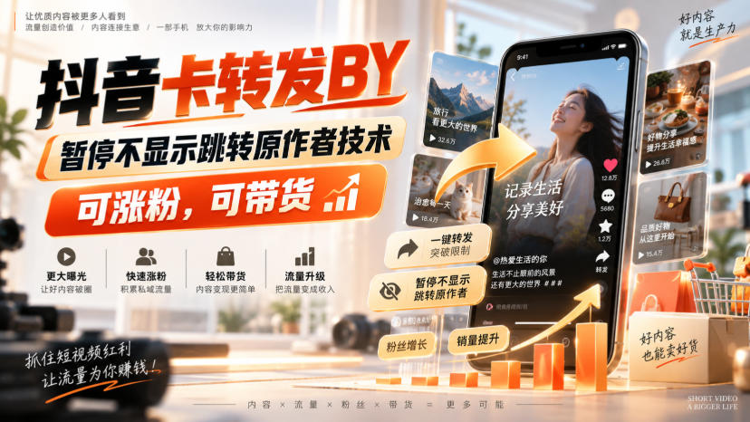 抖音卡转发搬运，暂停不显示跳转原作者技术，可涨粉，可带货-项目创薪