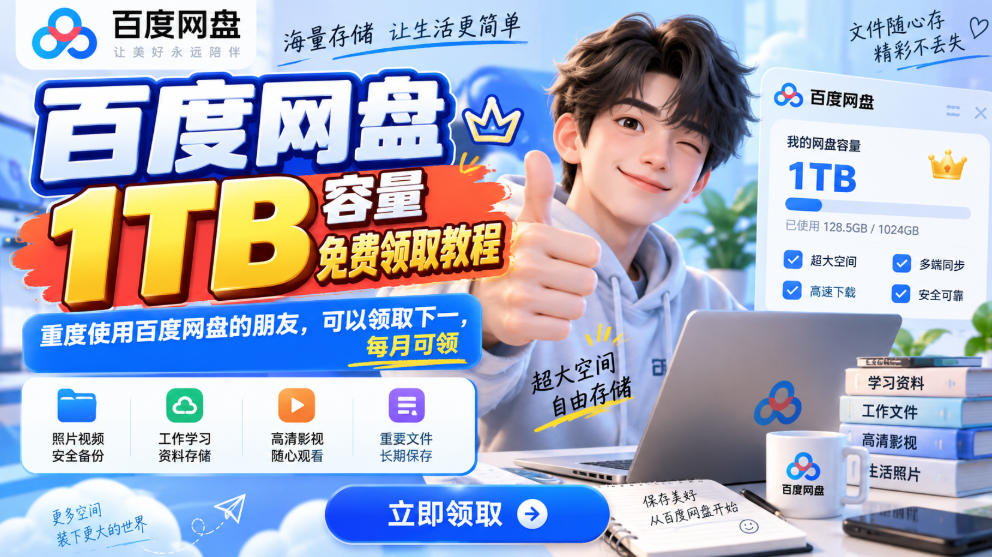 百度网盘1TB容量免费领取教程，重度使用百度网盘的朋友，可以领取下一，每月可领-项目创薪