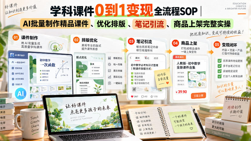 学科课件0到1变现全流程SOP｜AI批量制作精品课件、优化排版、笔记引流、商品上架完整实操​-项目创薪